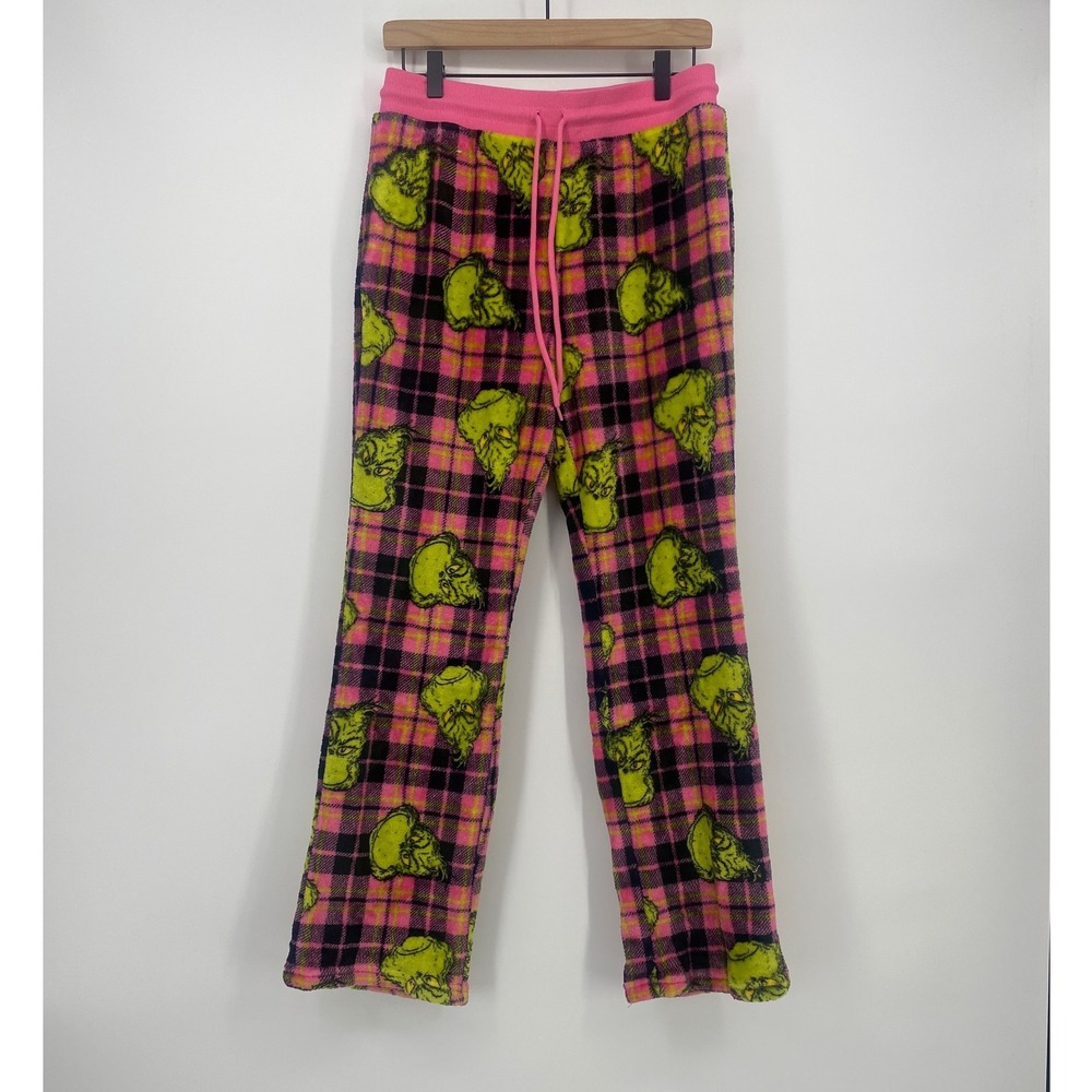 The Grinch Pajama Pants Medium Pink Plaid Fleece Holiday Lounge Pants Excellent
